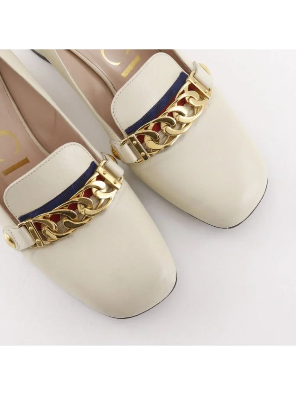 Gucci Sylvie Sherry Line Chain Leather Ivory Pumps Heel